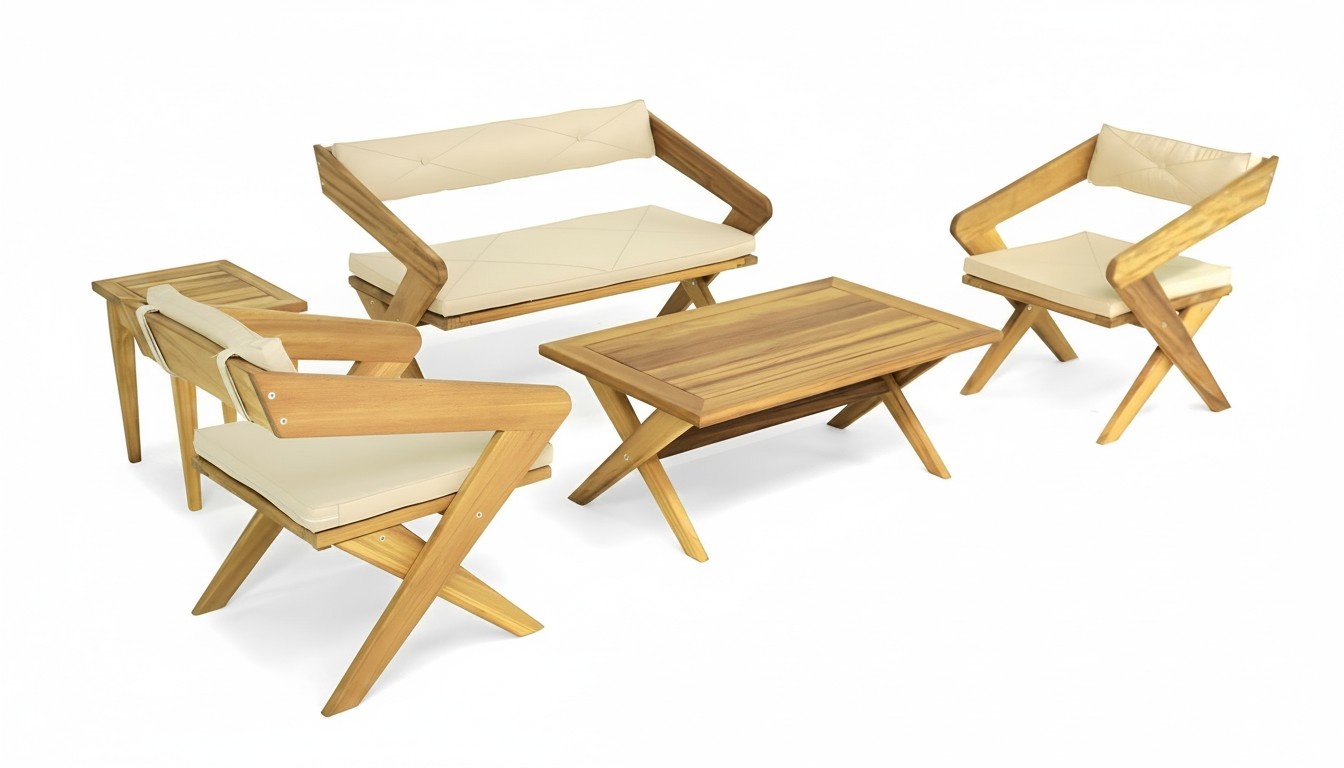 Stylish patio set two-seater wooden coffee table 2 armchairs luxury furniture