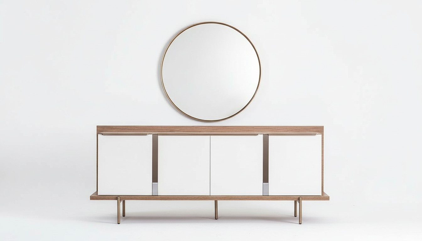 Stylish White Brown Sideboard Round Mirror Designer Wooden Furniture Dining Room