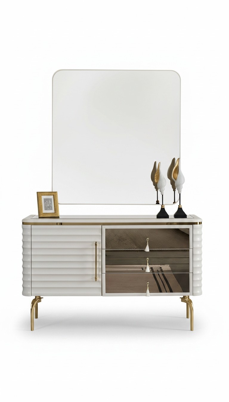 Stylish white chest of drawers with round LED mirror bedroom set 2 pcs