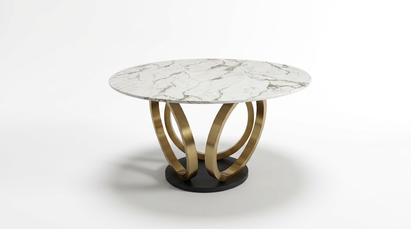 Stylish white round dining table with stainless steel base marble top design