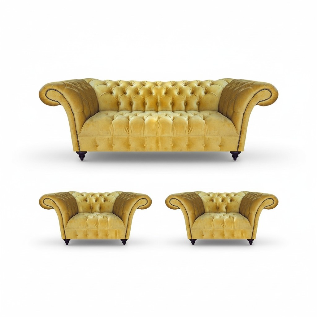 Stylish Yellow Chesterfield Set Designer Sofas 2x Luxury Armchairs 3-piece