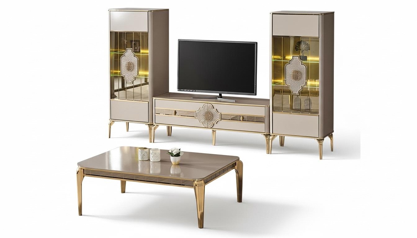 Living room set TV stand cabinet coffee table 4-piece beige