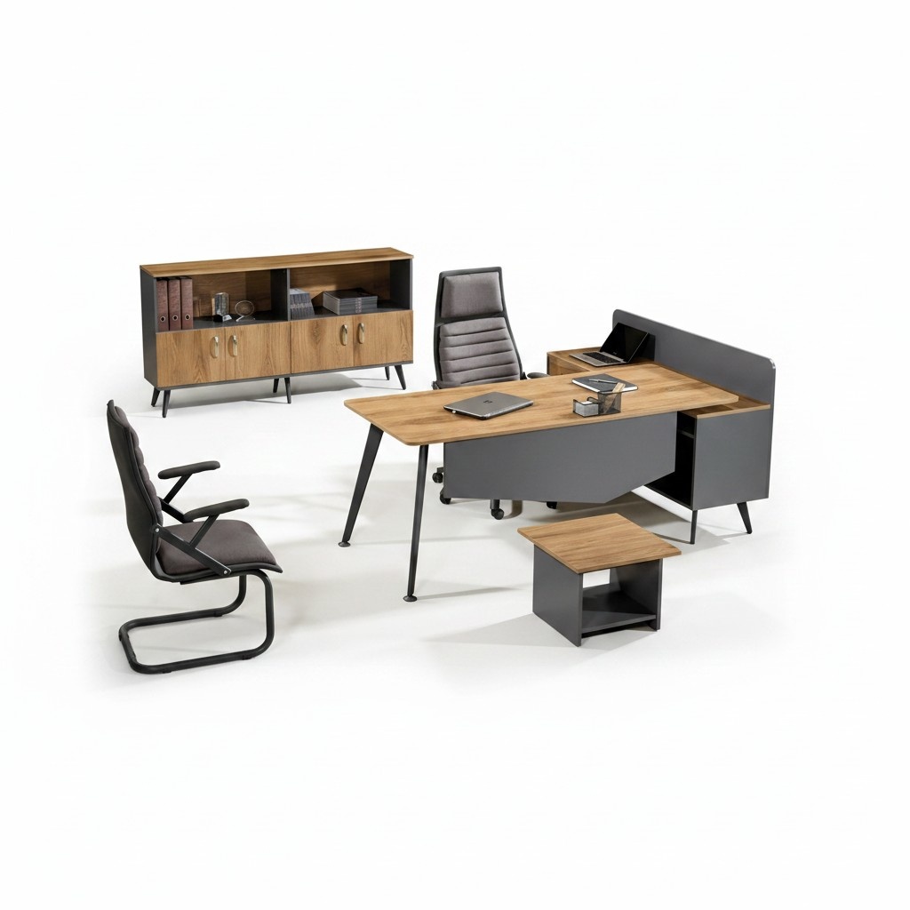 Office furniture corner office desk desk set 3pcs wood brown office