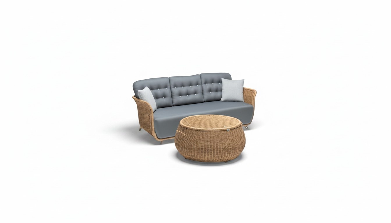 Set of 3-seater sofa in gray, coffee table, 3-seater sofas, rattan, luxury, modern