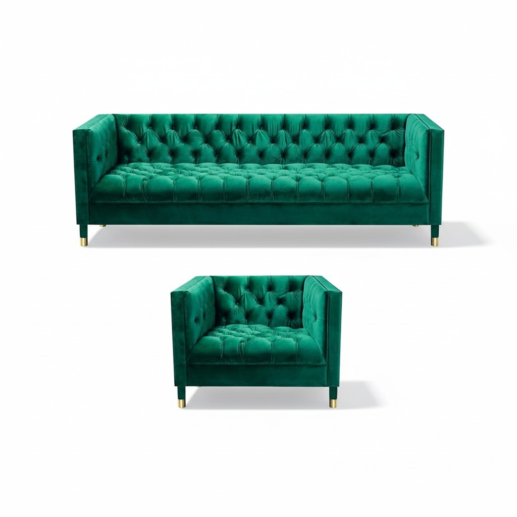 Settee Sofa Set 2pcs Green Chesterfield Luxury Modern Upholstered Furniture Furnishing