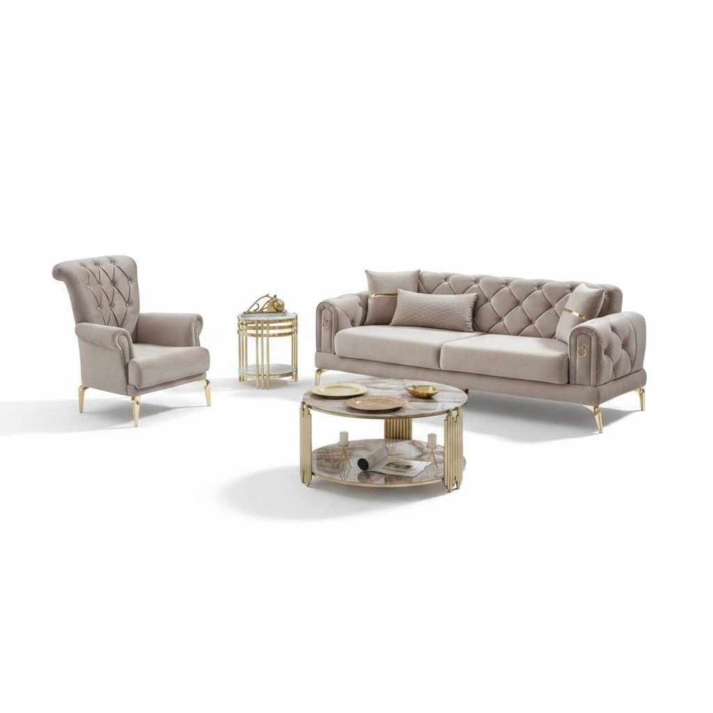 Beige Luxury 2-piece Fabric Sofa Set, Three-Seater Sofa and Armchair
