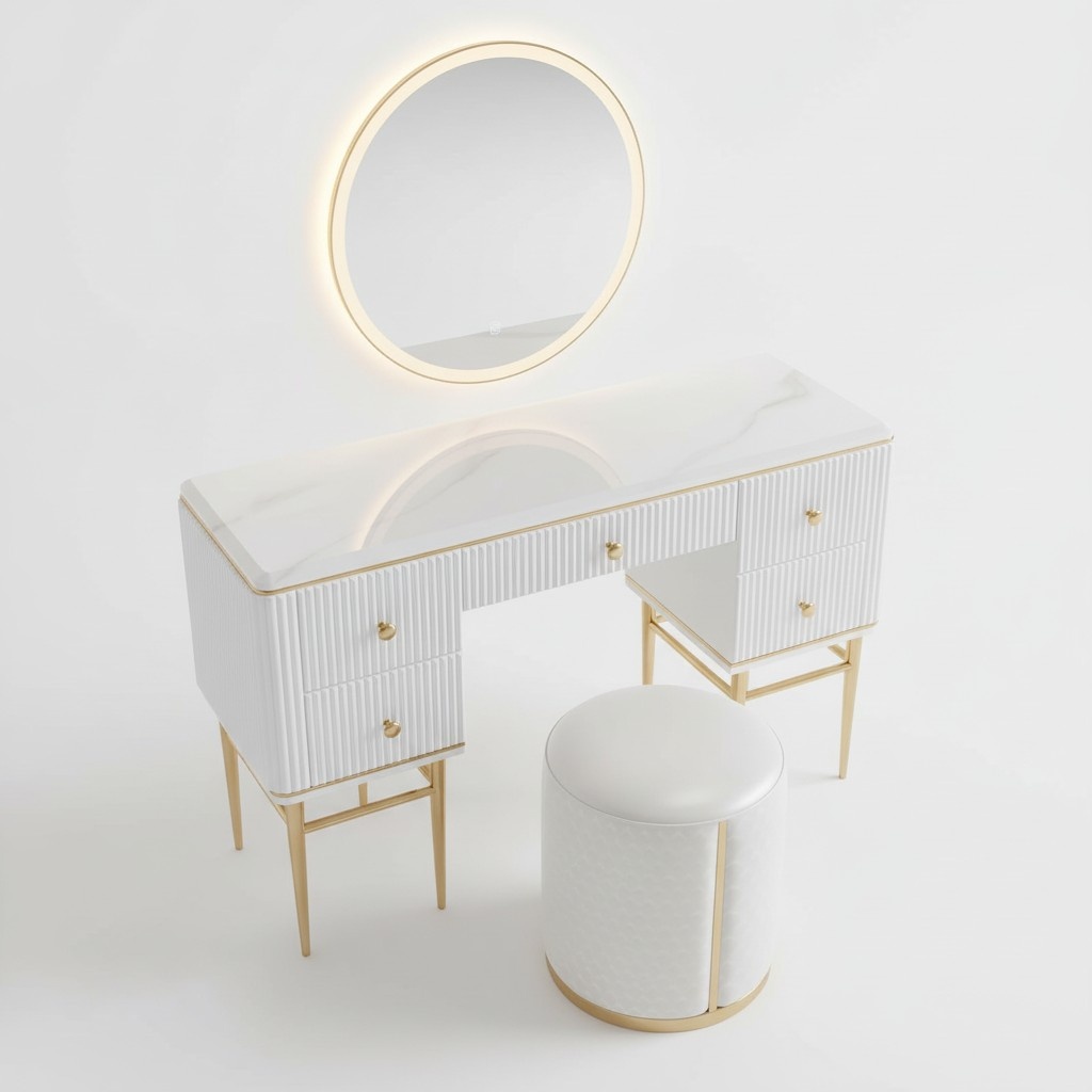 Designer set of dressing table, chair & round mirror with light made of real wooden