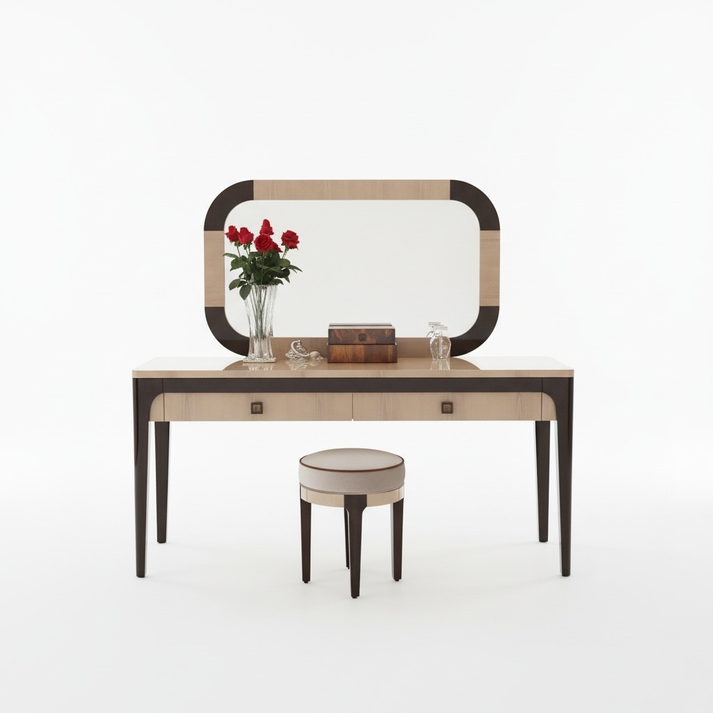 Modern style made of real wooden set of dressing table, stool & oval mirror