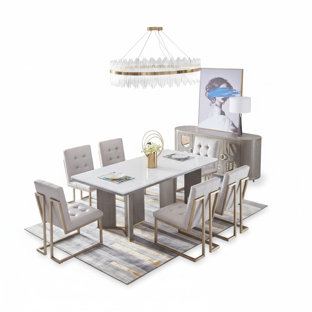 Table Set Dining Table 6 Chairs Luxury Style Furniture 8pcs Chair Group Dresser