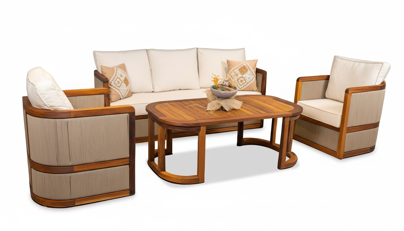 Patio furniture garden furniture coffee table sofa armchair wood 4-piece set beige