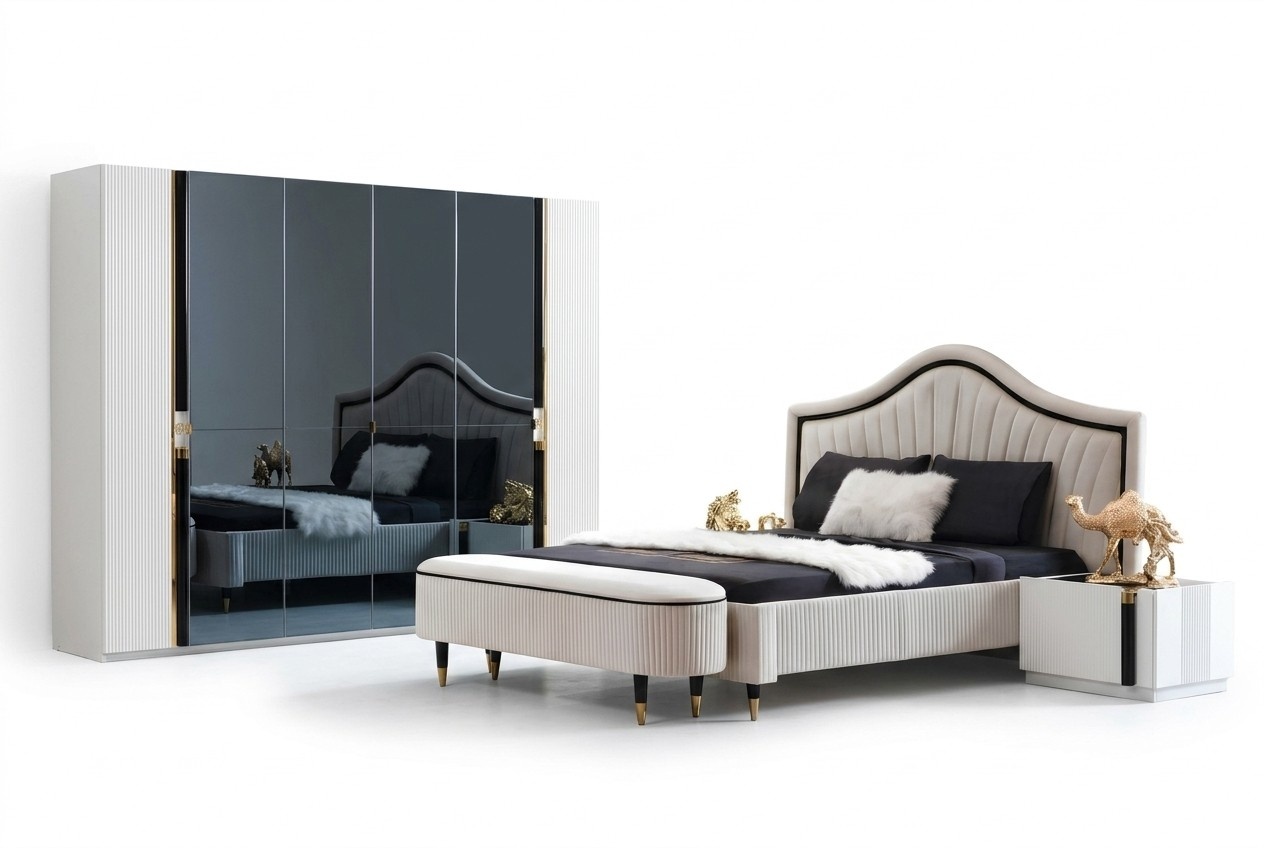 Textile Bed Bedroom Furniture Design Group 5pcs Set 2x Bedside Tables Beds New