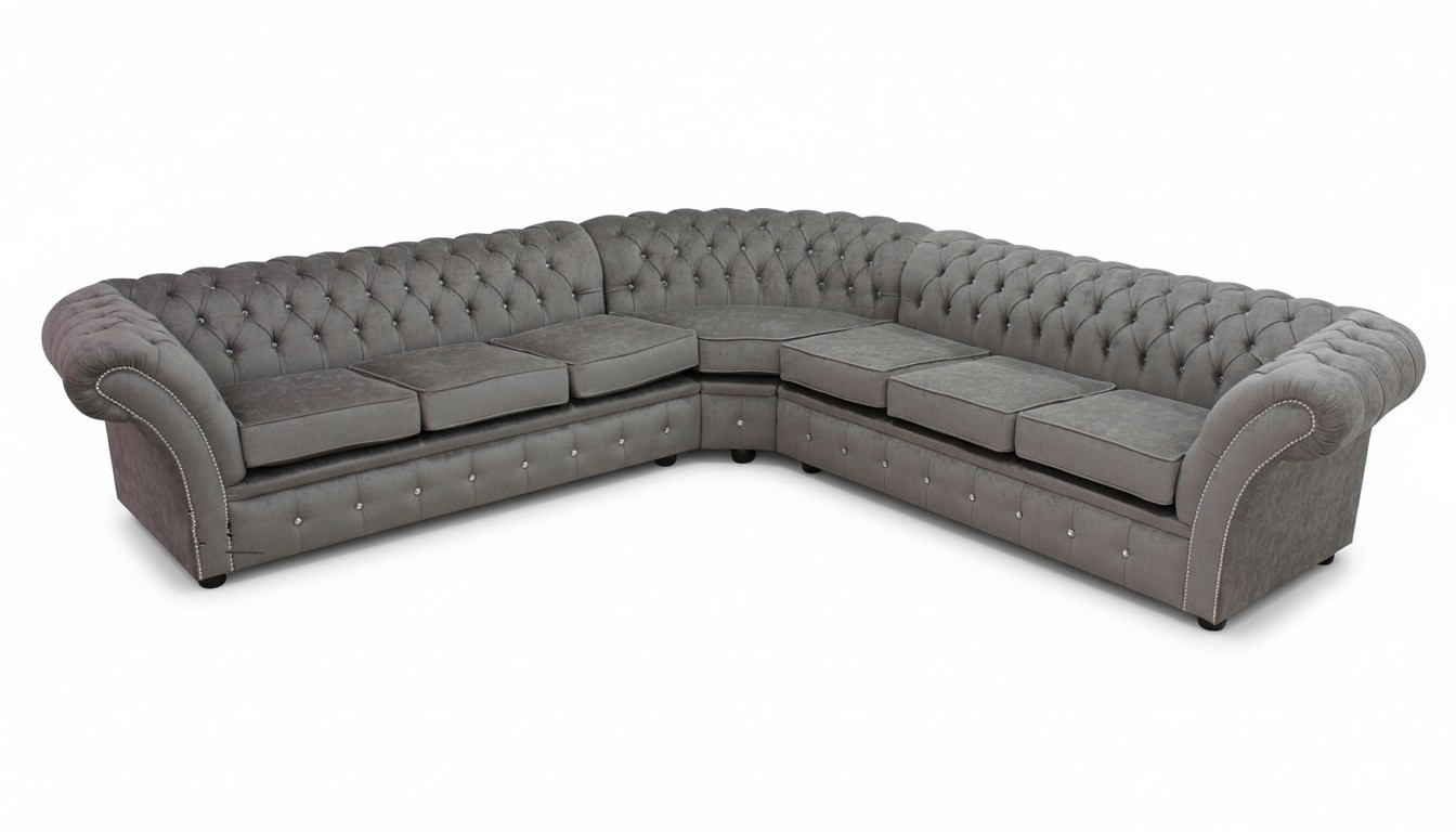 Chesterfield Corner Sofa L-Shape Grey Textile Comfortable Living Room Couch Soft Cushions New