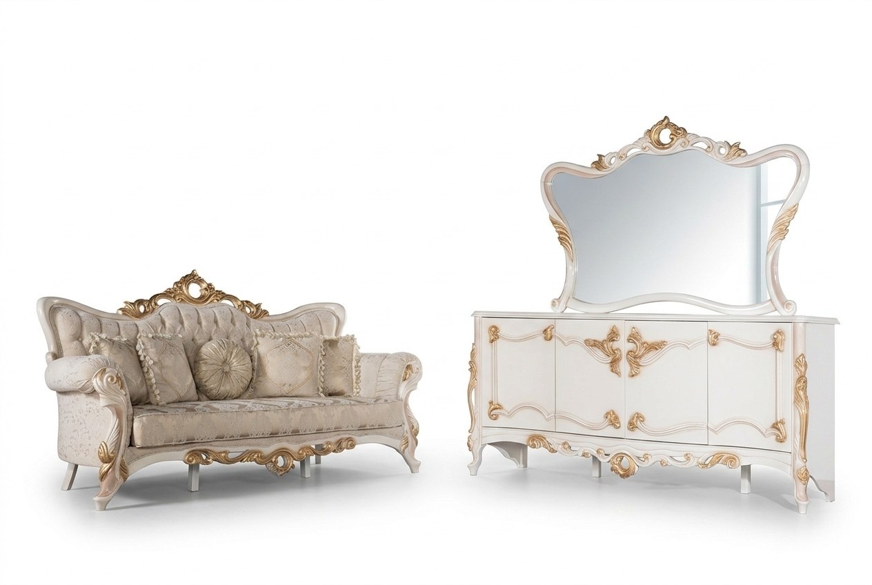 Three-seater couch Upholstered sofa Living room set with sideboard 3 pcs.