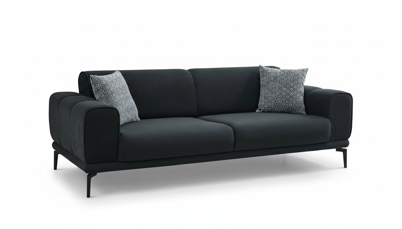Three-seater fabric sofa, 3-seater upholstered couch, black fabric.