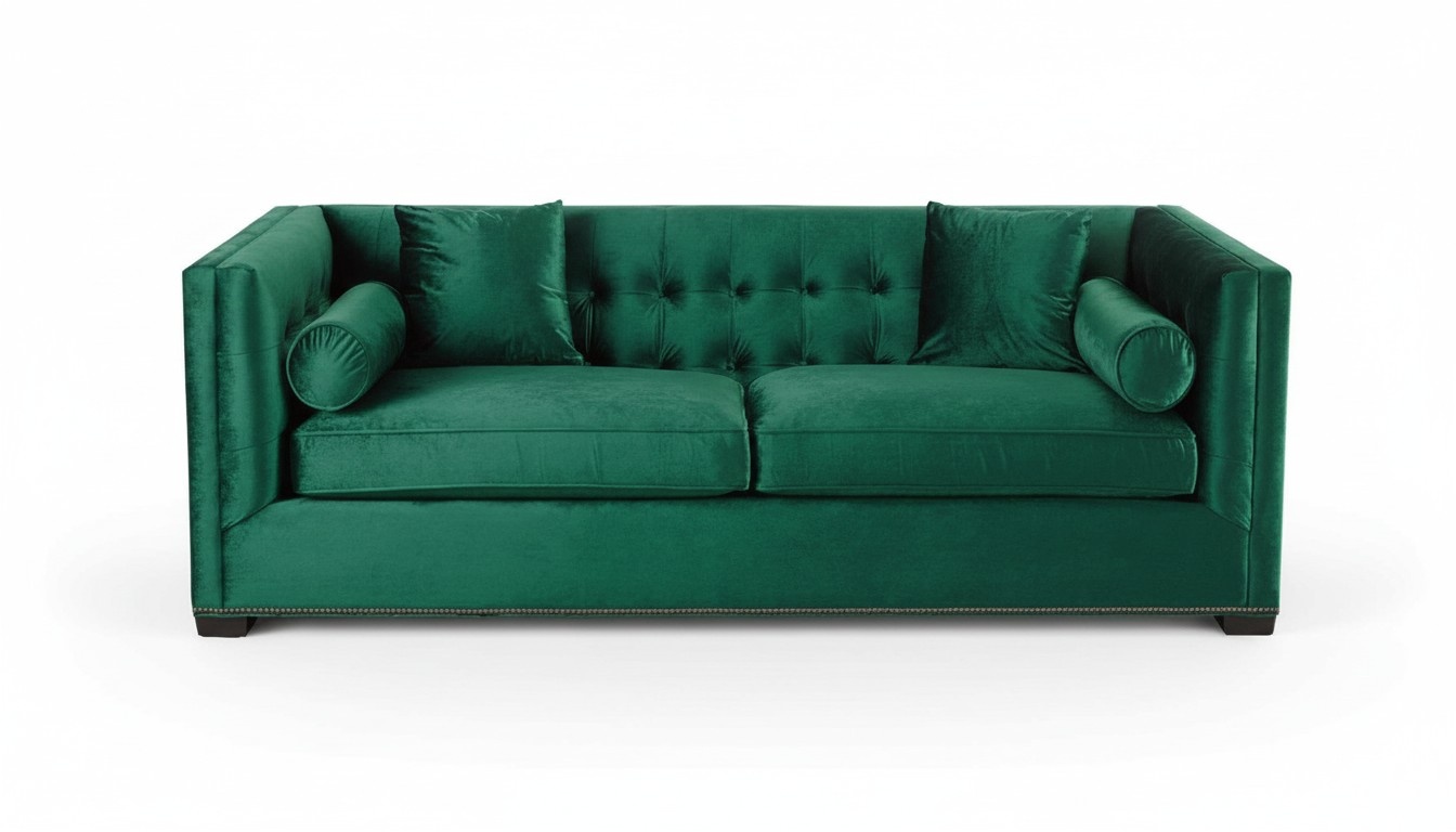 Three-seater green fabric upholstered sofa Chesterfield living room design couches.