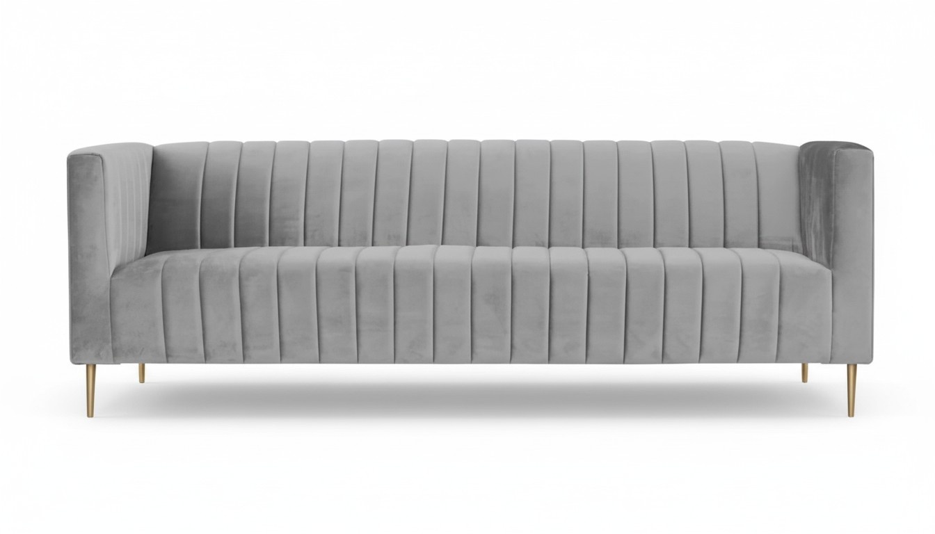 Three-seater gray sofa, gray velvet fabric, living room design, couches, upholstery, new.