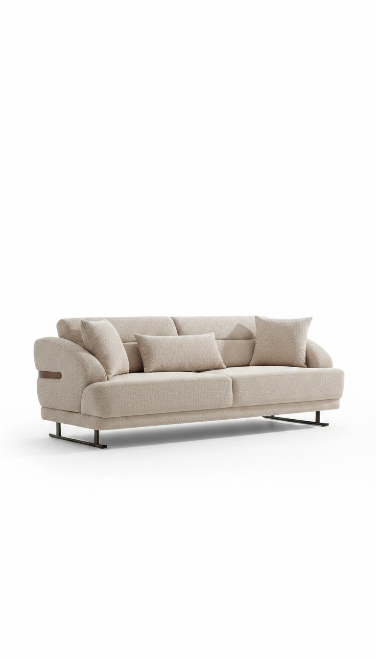 Three-seater sofa, fabric sofa, upholstered couch, beige, modern, new.