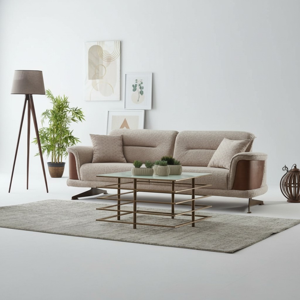 Three-Seater Sofa 3-Seater Fabric Sofa Upholstered Sofa Couch Beige Modern