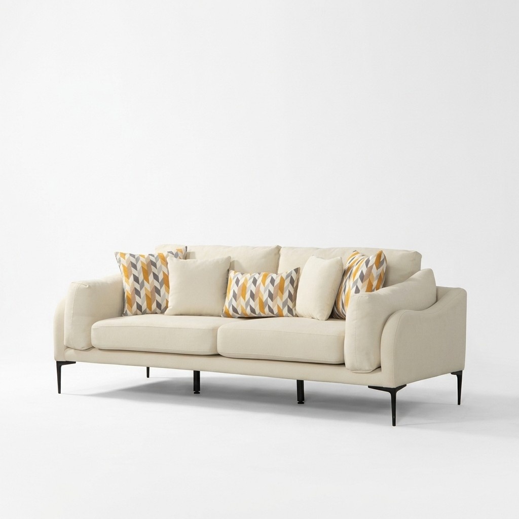 Three-seater upholstered sofa, sofa design, beige fabric couch.