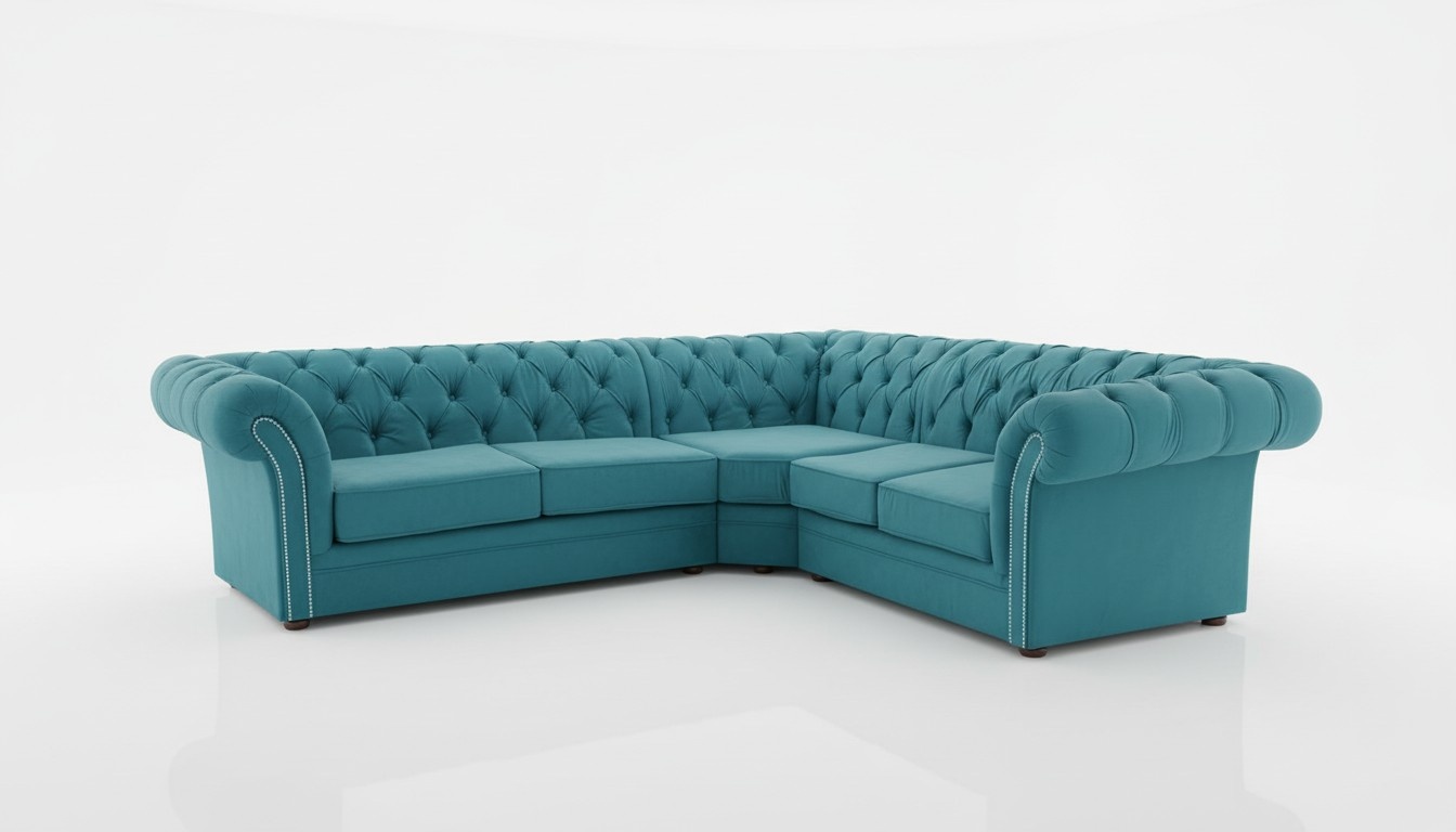 Turquoise Chesterfield Corner Sofa L-Shaped Blue Textile Living Room Comfortable Couch New