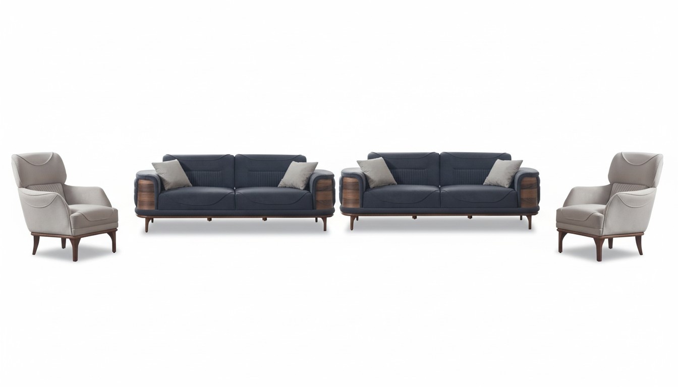 Two gray sofas complete with 2 white armchairs, luxurious upholstered armchairs.