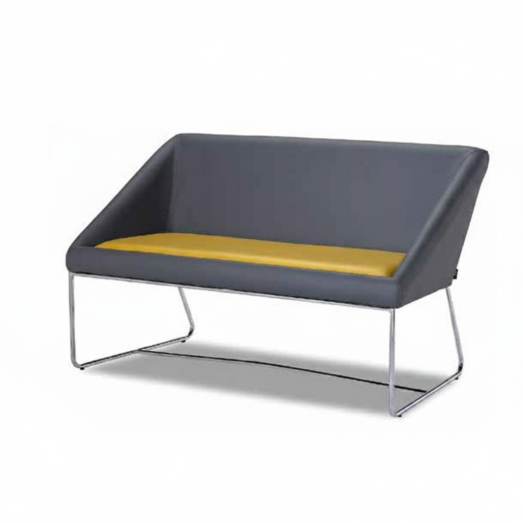 Two-seater designer sofa, yellow fabric sofa, leather furniture, gray bench.