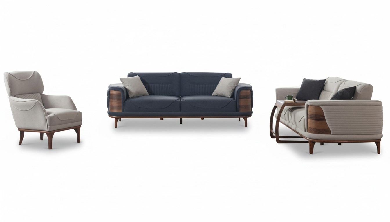 Two versatile sofas complete with white armchair luxurious upholstered