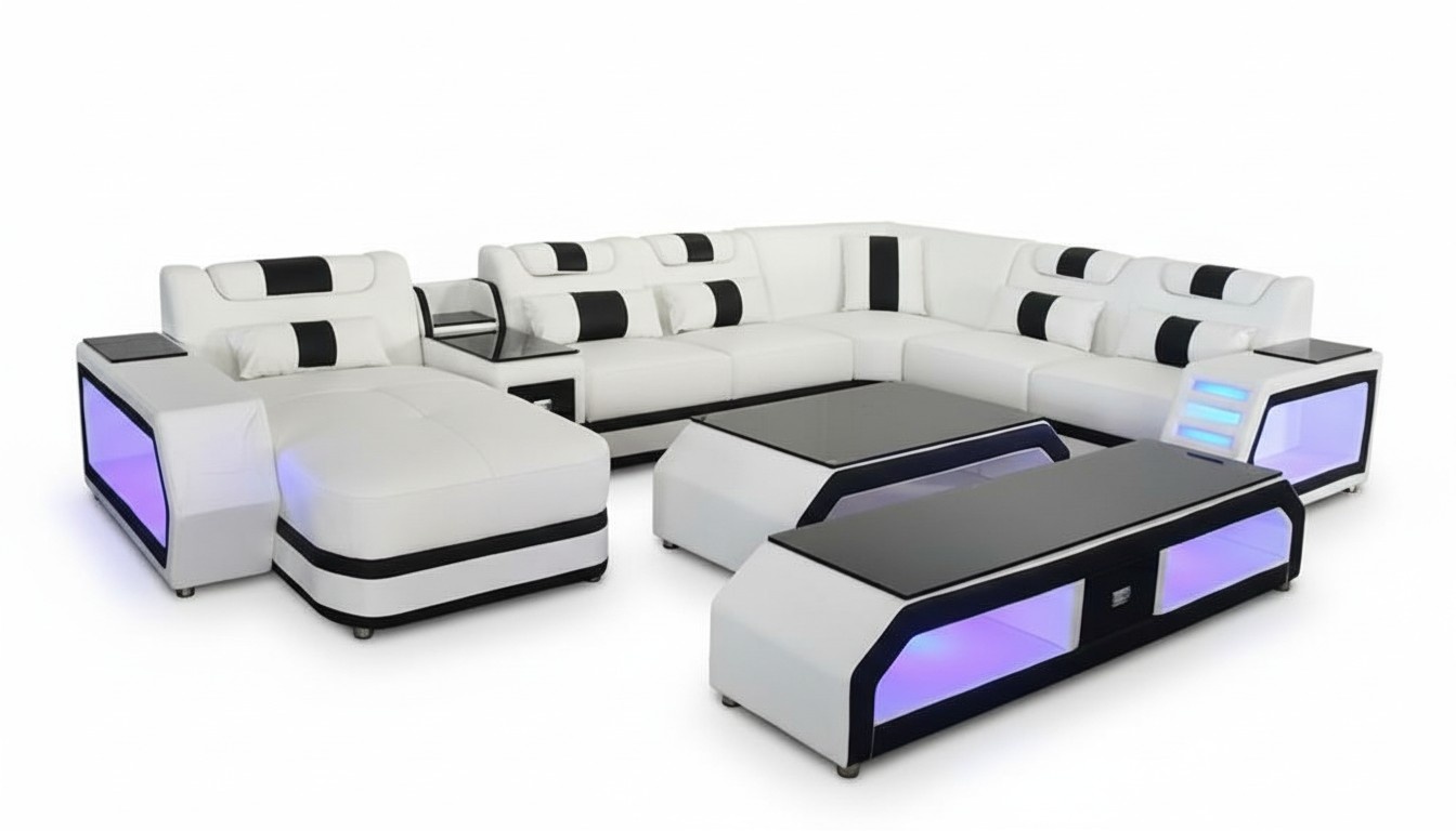 U Shape Living Landscape Modern Luxury Couches Corner Sofa U Shape Couch Faux Leather White
