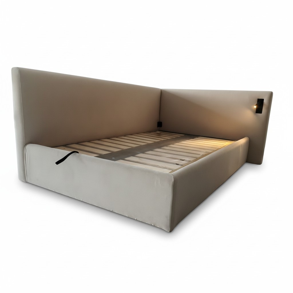 Beige Upholstered Bed Modern Hotel Style LED Lighting Corner Headboard Luxury Look