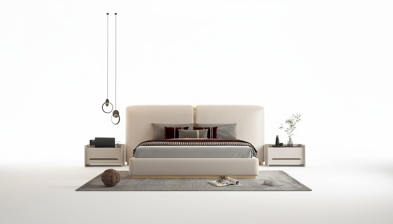 Luxury Design Upholstered Bed Bedroom Furniture Beige Headboard Elegant