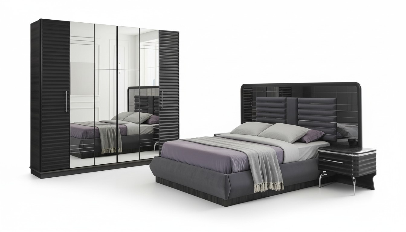 Upholstered bed Wood bedside tables Wardrobe Designer bedroom set