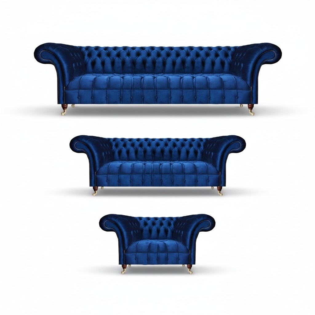 Upholstered furniture blue sofa complete 3 pieces 2x sofas furniture armchair Chesterfield