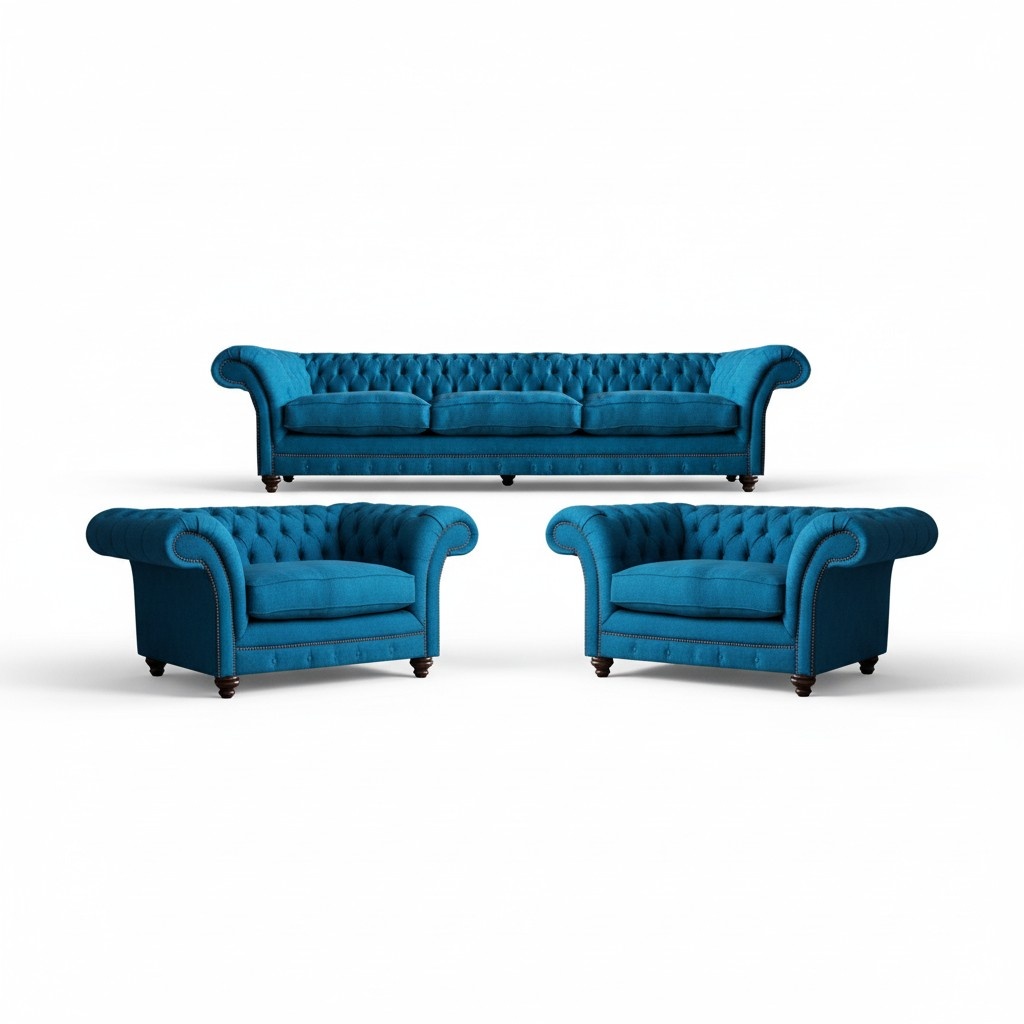 Upholstered Furniture Blue Sofa Set Textile Seat Furniture Chesterfield Set Furnishings