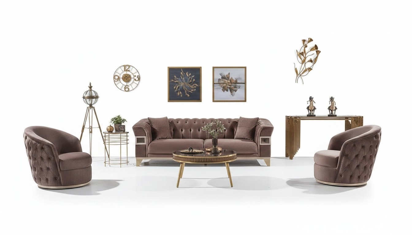 Brown upholstered furniture sofa set 3+1+1 seats luxury complete design furniture.