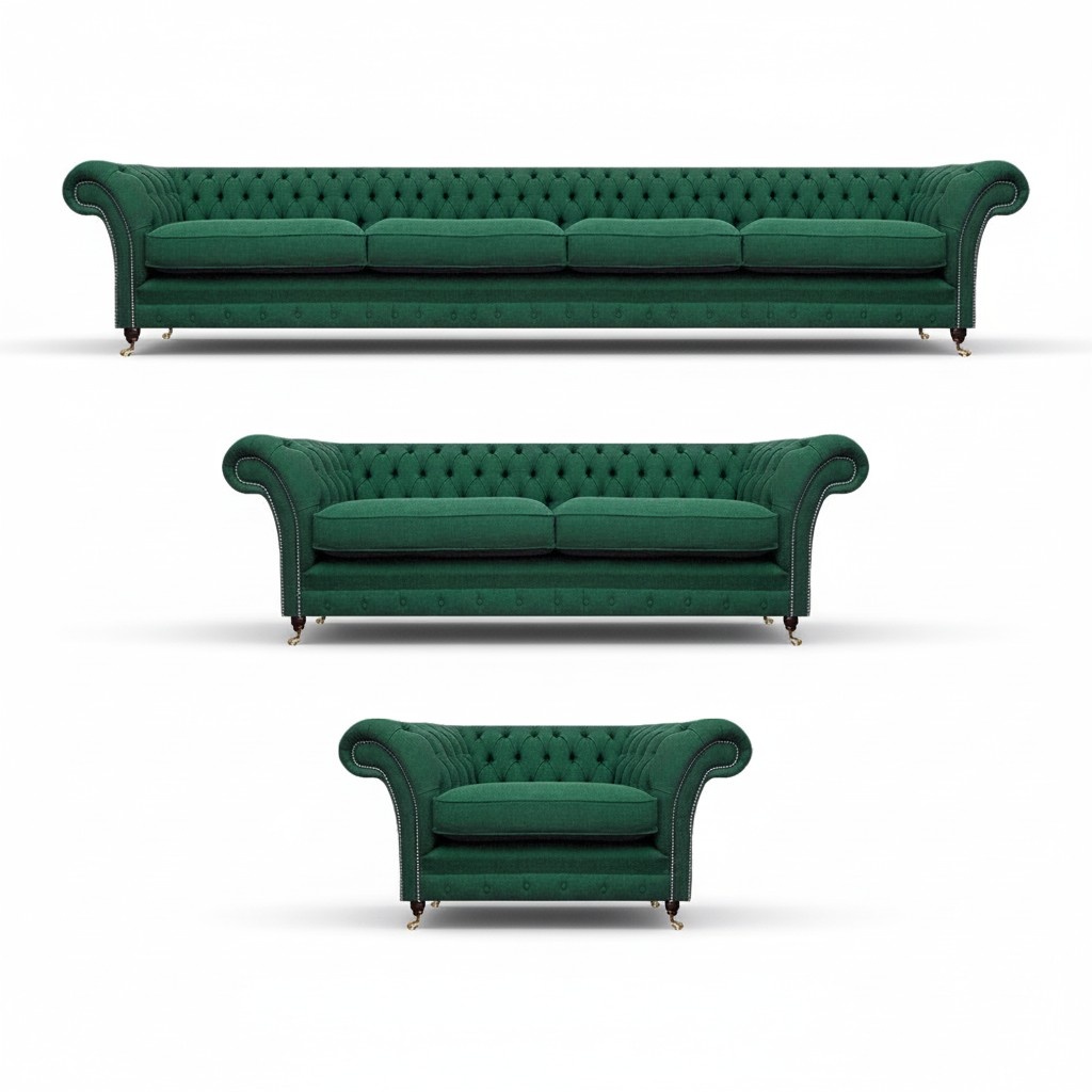 Chesterfield Upholstered Furniture Green Sofa Set 3-piece Living Room Complete Furniture