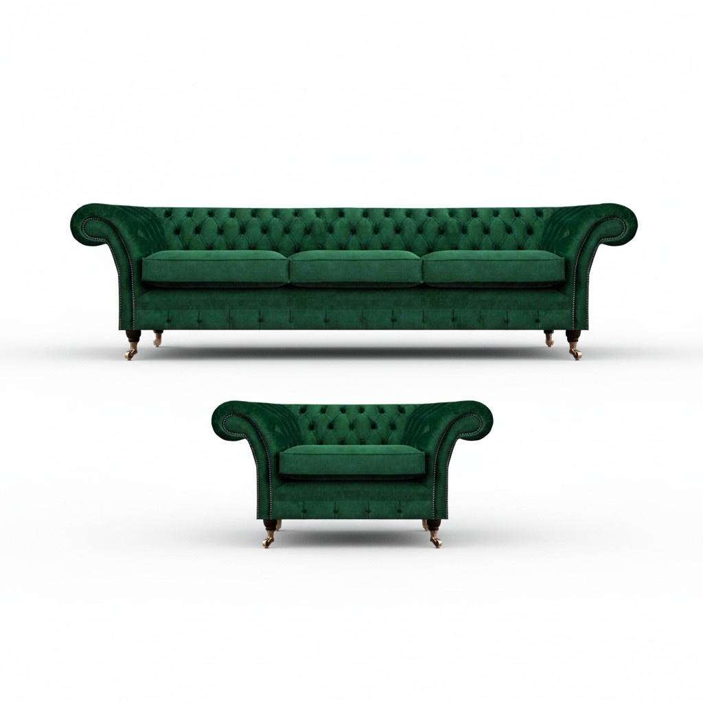 Upholstered furniture green sofa three-seater couch armchair Chesterfield 3+1 sofa set