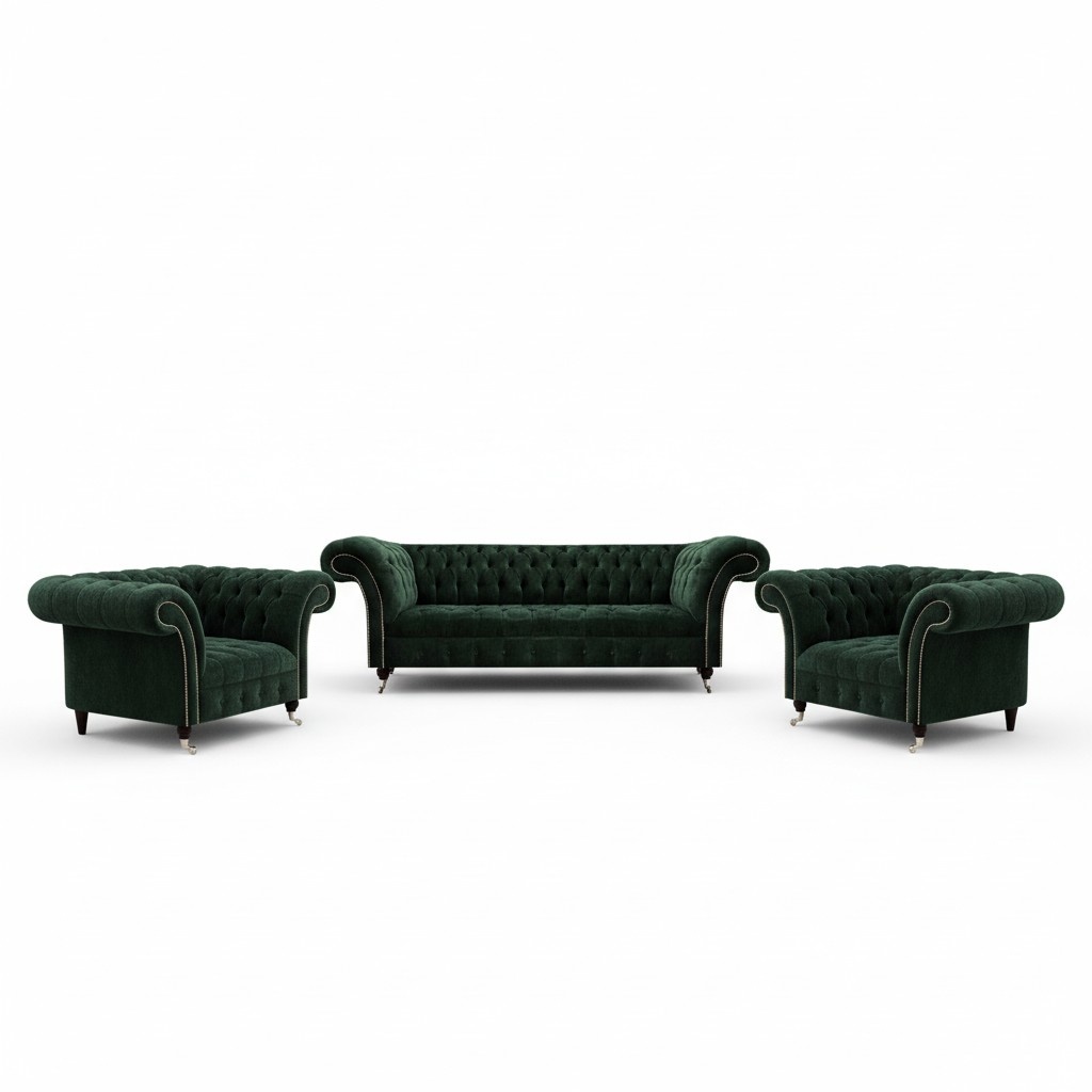 Upholstered Furniture Luxurious Designer Sofa Set 3+1+1 Green Fabric Chesterfield