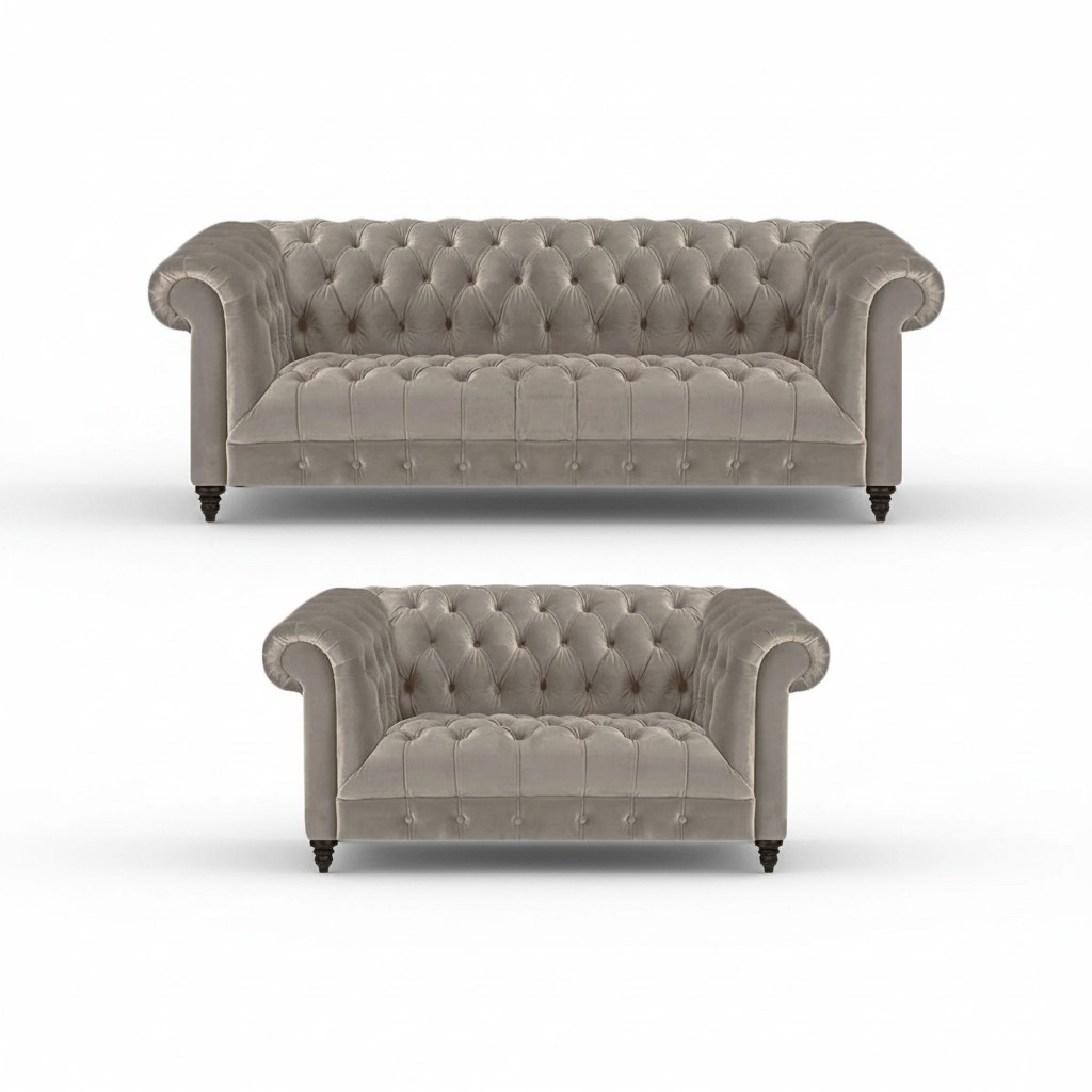 Luxury Upholstered Furniture Grey 2x Sofas Complete Living Room Chesterfield