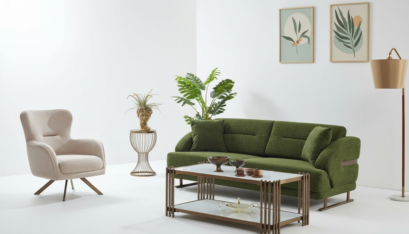 Upholstered sofa seating group three-seater armchair green fabric sofa 2-piece