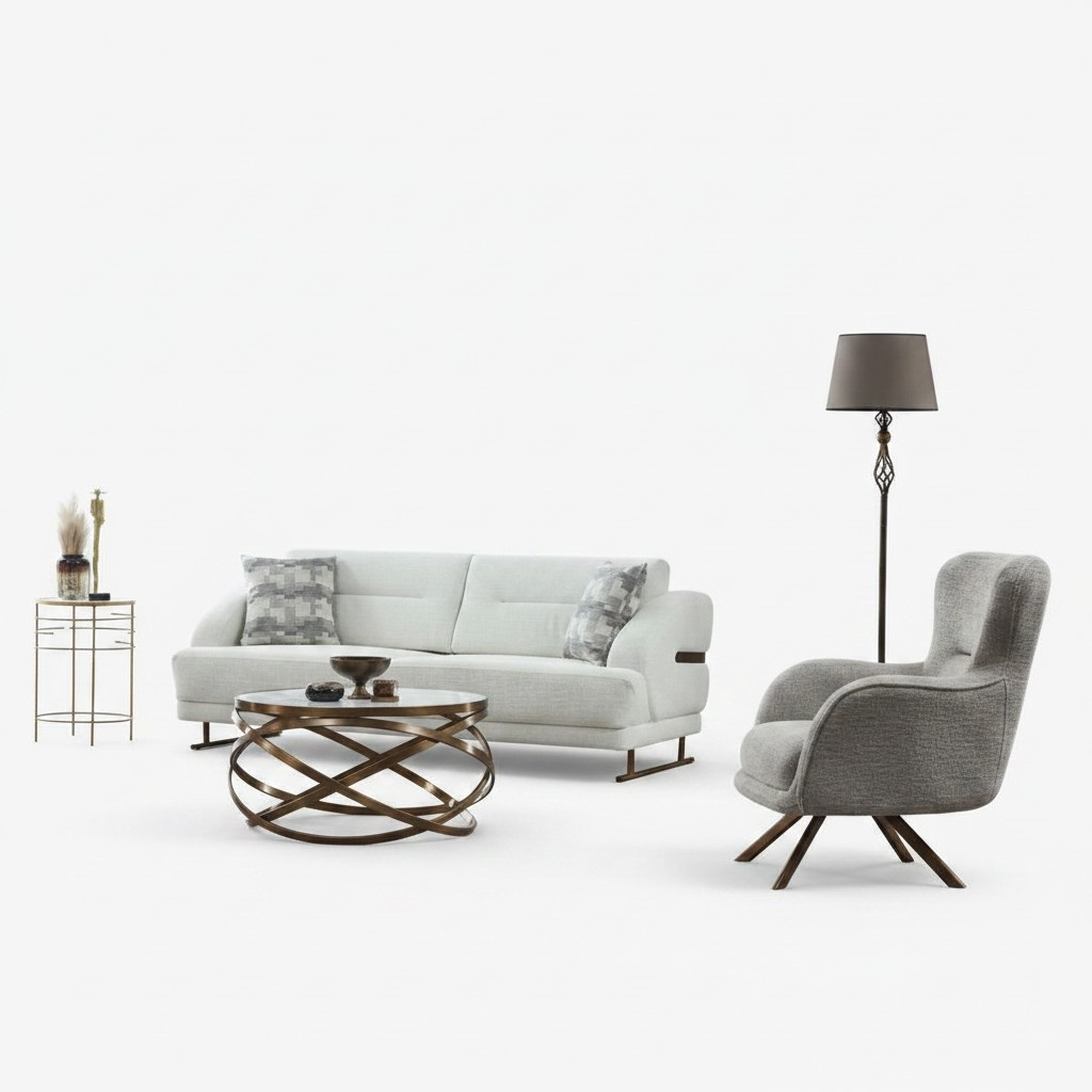 Cushioned sofa seating set three-seater armchair white fabric sofa 2-piece