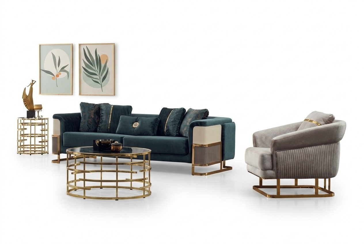 Upholstered sofa set, three-seater armchair, green fabric sofa, 2-piece.