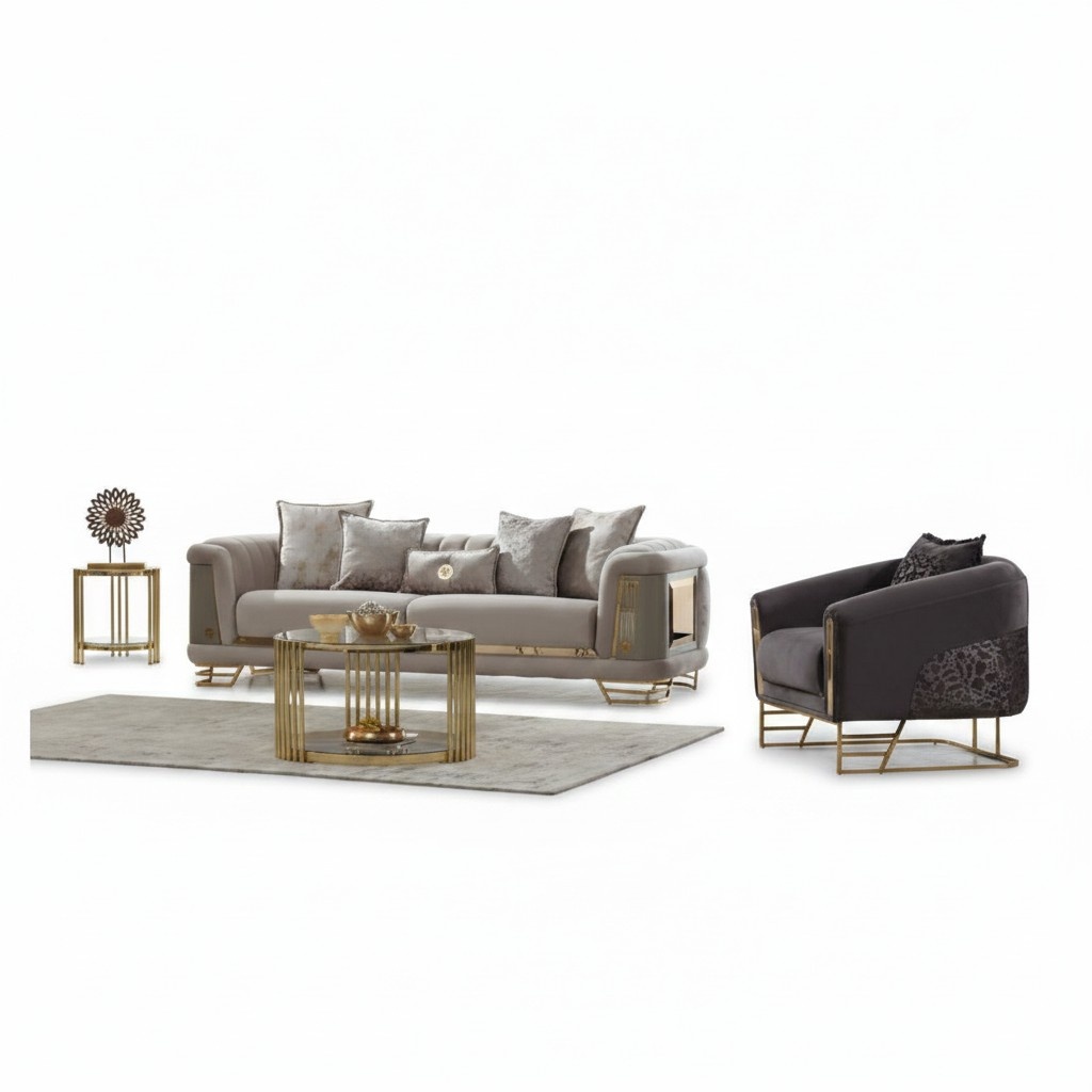Cushion sofa seating set three-seater armchair beige fabric sofa 2-piece