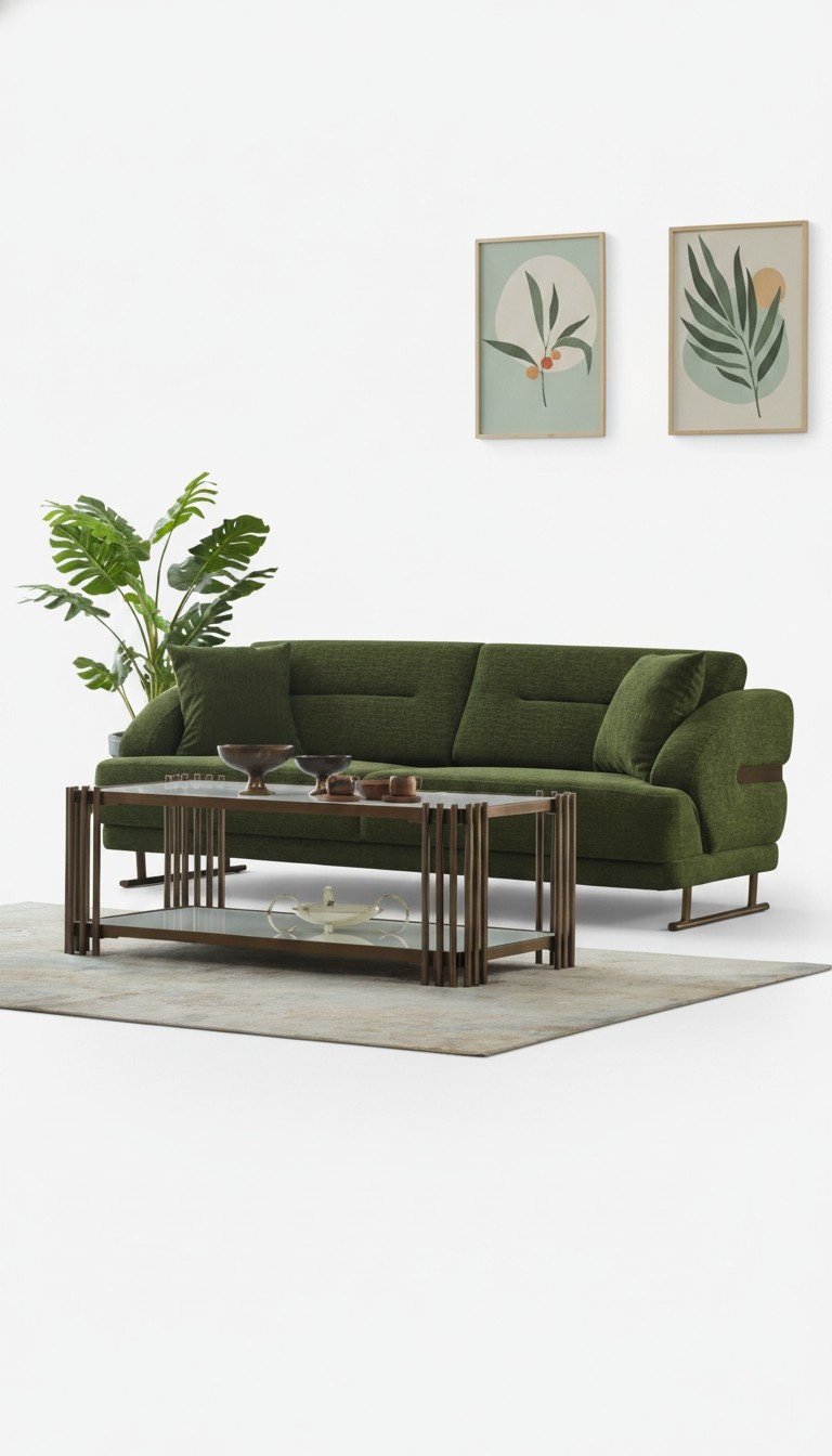 Upholstered three-seater sofa, fabric sofa, couch, green luxury sofas.