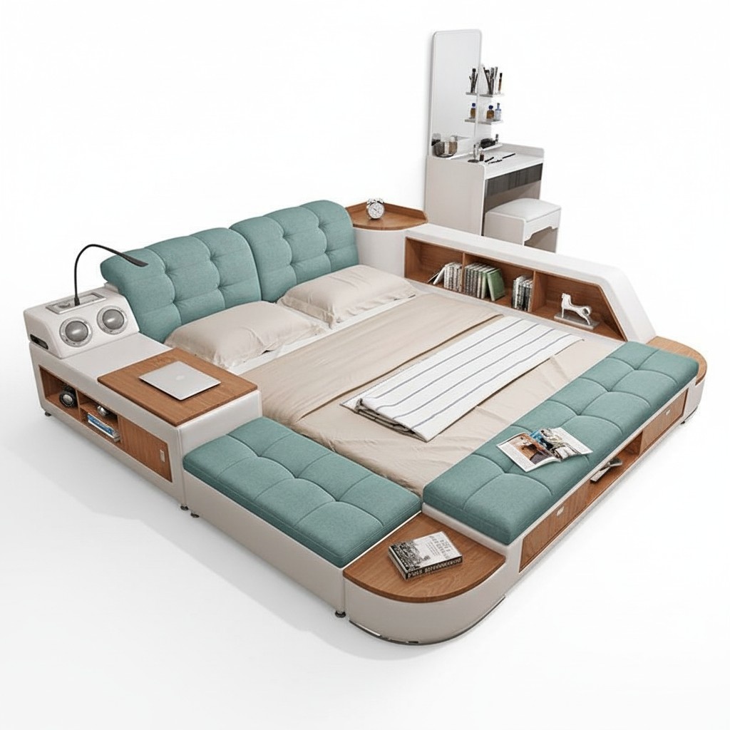 Cushion 180x200 Multifunction Shelf USB Lounger Design Bed Big Beds Leather Hotel