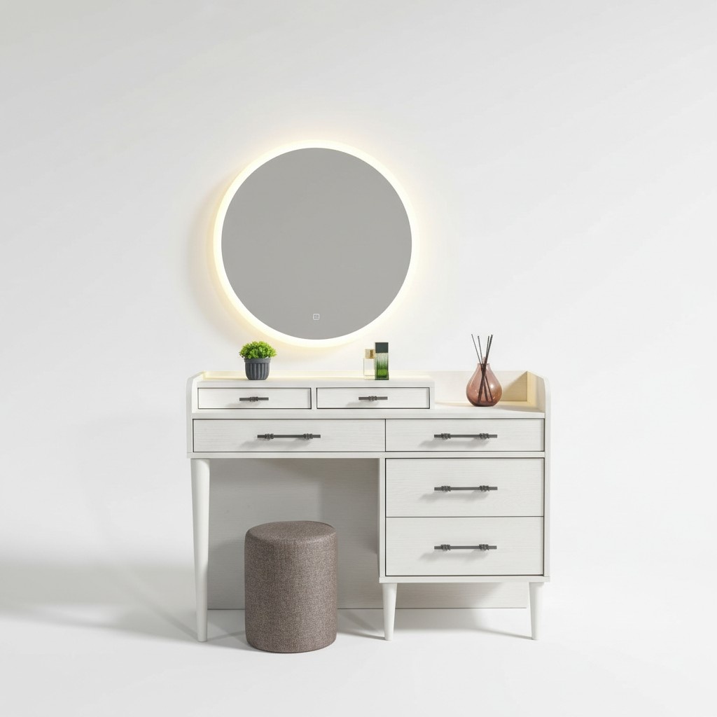 Modern wooden vanity table for the bedroom with mirror.