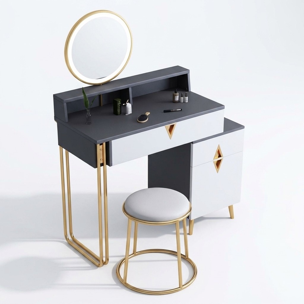 Dressing Table Bedroom Stool Mirror Youth Modern Style Set Wood Stainless Steel Premium