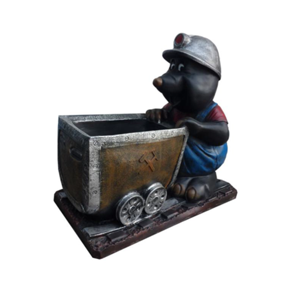 Decorative sculpture designed as a black colored mole miner with a trolley on rails 65cm