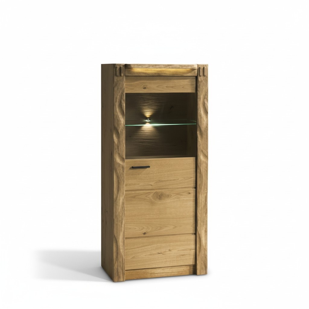 Modern style made of real wooden showcase/cupboard with a swing door & backlit glass shelves, model -  F – W 3/4 L,P