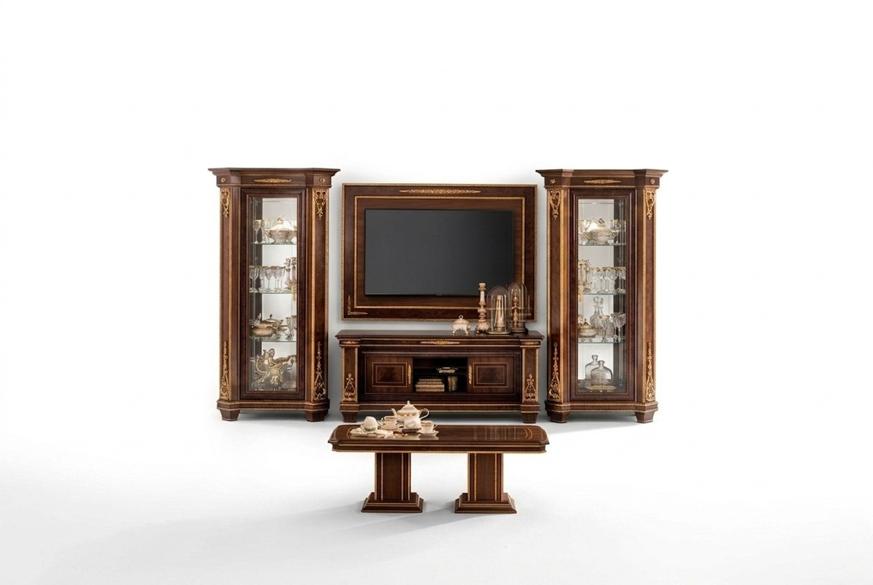 Living room wall unit of 4x-furniture TV lowboard, 2x showcases & wall panel