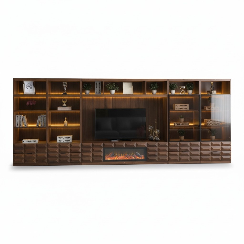 Living wall cabinet bookshelf modular wall with flame effect electric fireplace